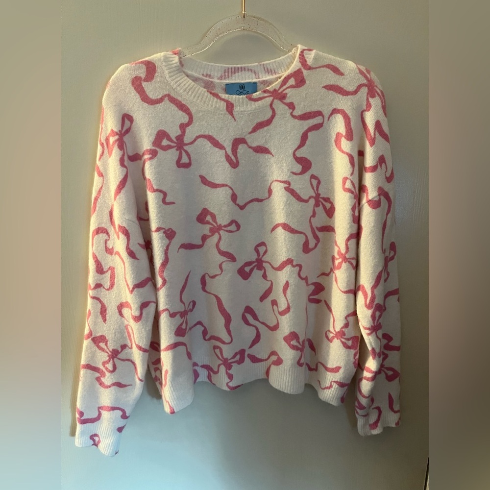 CeCe Cream Sweater with Pink Ribbon-Print